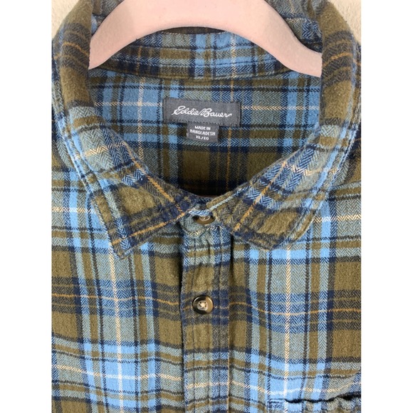 Eddie Bauer Mens XL Flannel Shirt Blue Olive Green Plaid Cotton EMT5568S - Picture 3 of 10